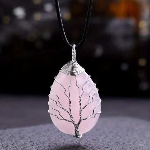 Rose Quartz Natural Gemstone Tree Of Life Wire Wrap Pendant Necklace - Picture 1 of 2